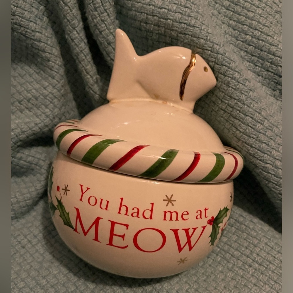 Lenox Holiday Pet Cat Treat Jar fish finial You had me at Meow Jar